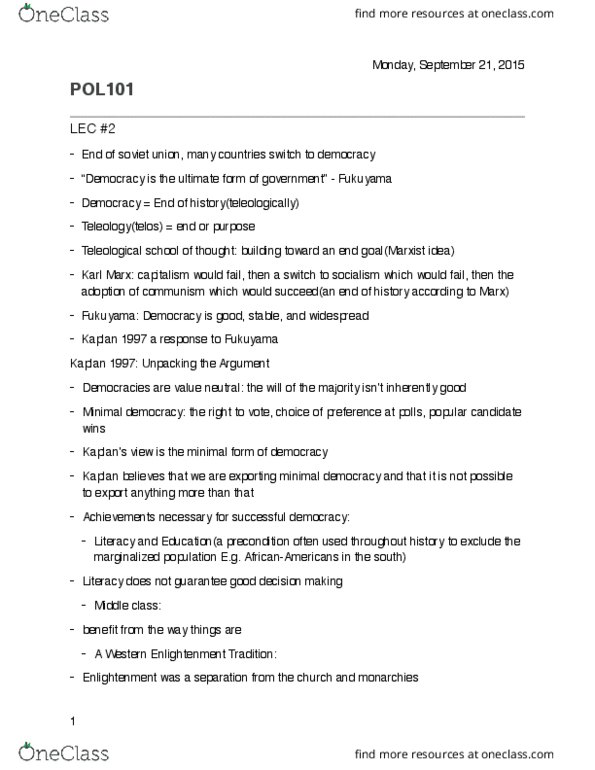 POL101Y1 Lecture Notes - Lecture 2: Socioeconomics, Teleology thumbnail