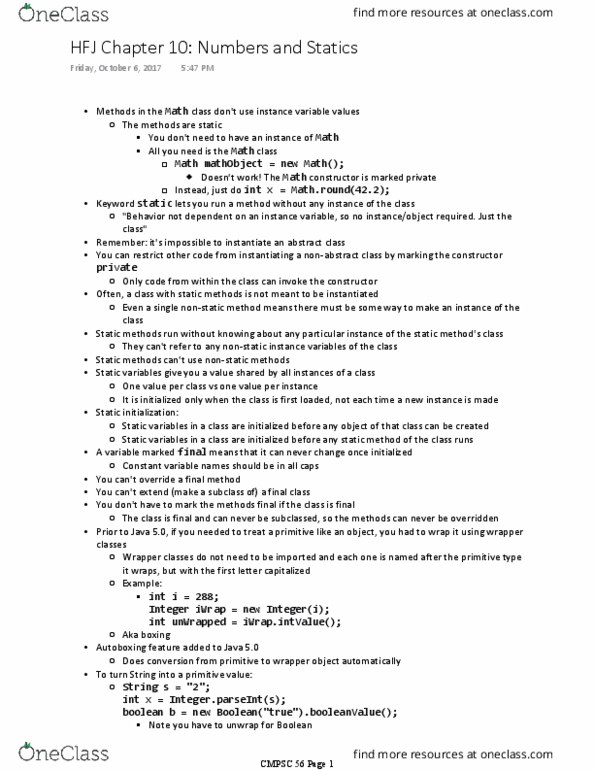 CMPSC 56 Chapter Notes - Chapter 10: Instance Variable, Abstract Type, Statics thumbnail