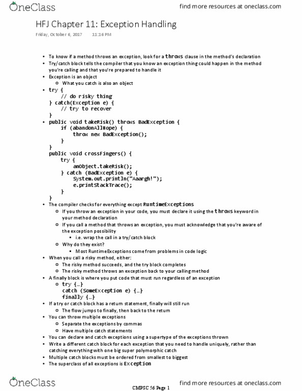 CMPSC 56 Chapter 11: HFJ Chapter 11 Exception Handling thumbnail