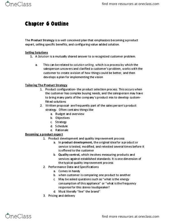 MKT 3427 Chapter Notes - Chapter 6: Frequency Response, Solution Selling, Quality Control thumbnail