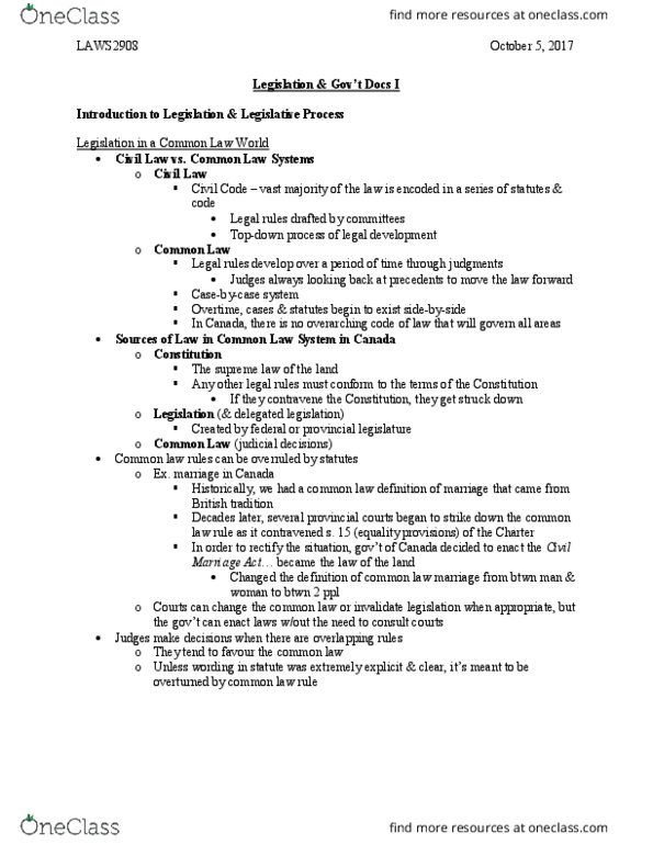 LAWS 2908 Lecture Notes - Lecture 5: Drafter, Primary And Secondary Legislation, Civil Marriage Act thumbnail