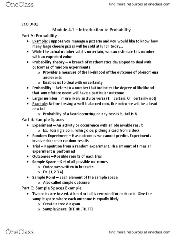 ECO 3401 Chapter Notes - Chapter 4.1: Empirical Probability, Mutual Exclusivity, Null Set thumbnail