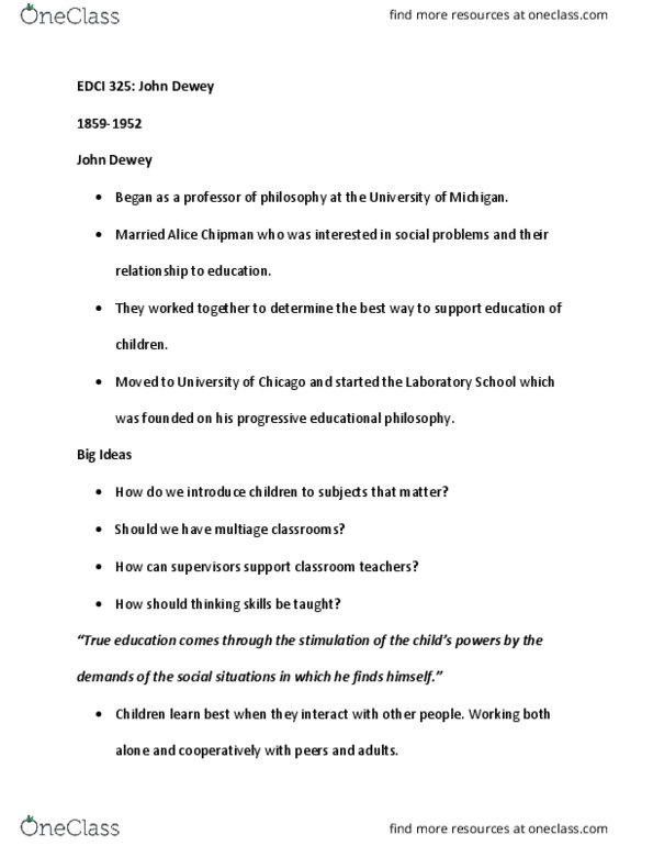EDCI 32500 Lecture Notes - Lecture 1: John Dewey thumbnail