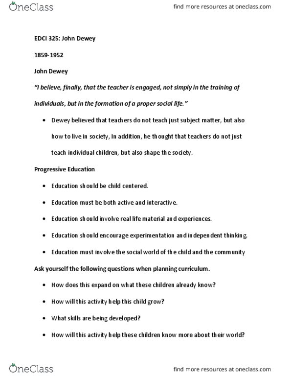 EDCI 32500 Lecture Notes - Lecture 2: John Dewey thumbnail