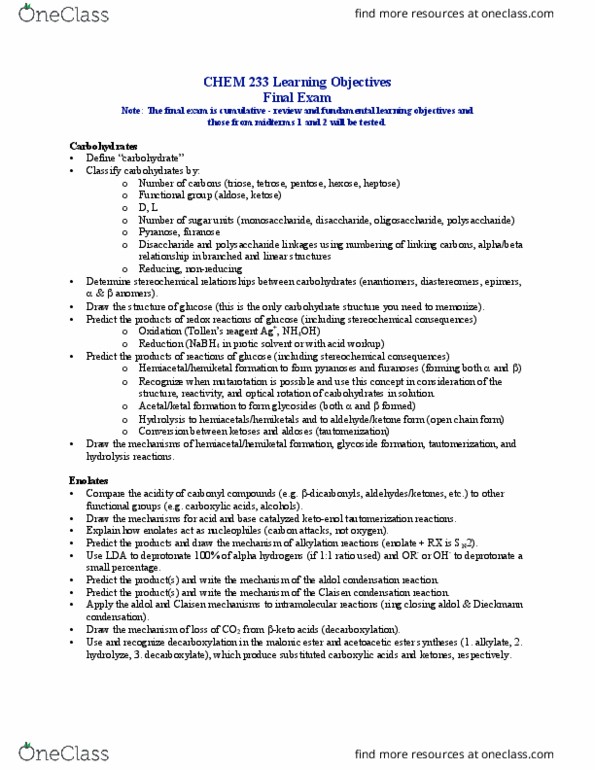 CHEM 233 Lecture Notes - Lecture 1: Electrophile, Alkylation, Dieckmann Condensation thumbnail