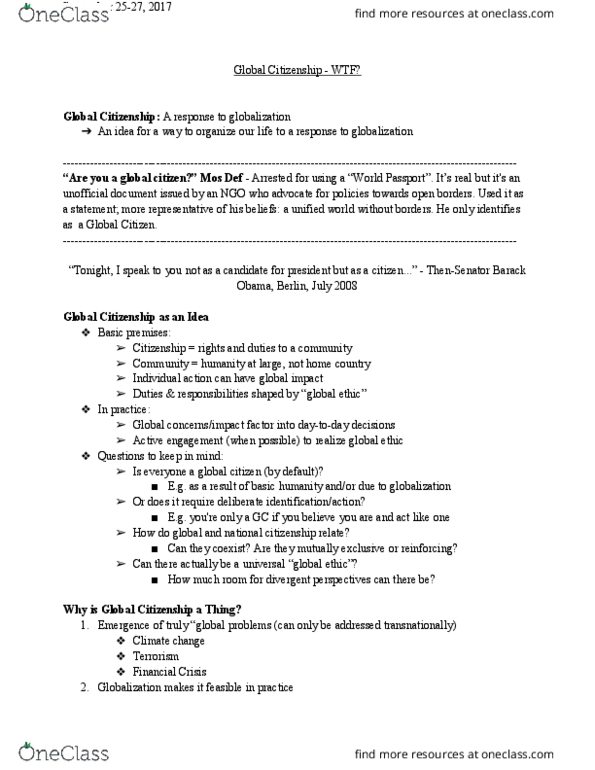 GLOBALZN 1A03 Lecture Notes - Lecture 3: Cosmopolitanism, Global Citizenship, Mos Def thumbnail