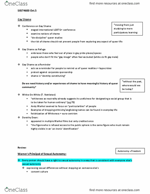 SXST 4600 Lecture Notes - Lecture 2: Gay Shame, Queer Studies, Eurocentrism thumbnail