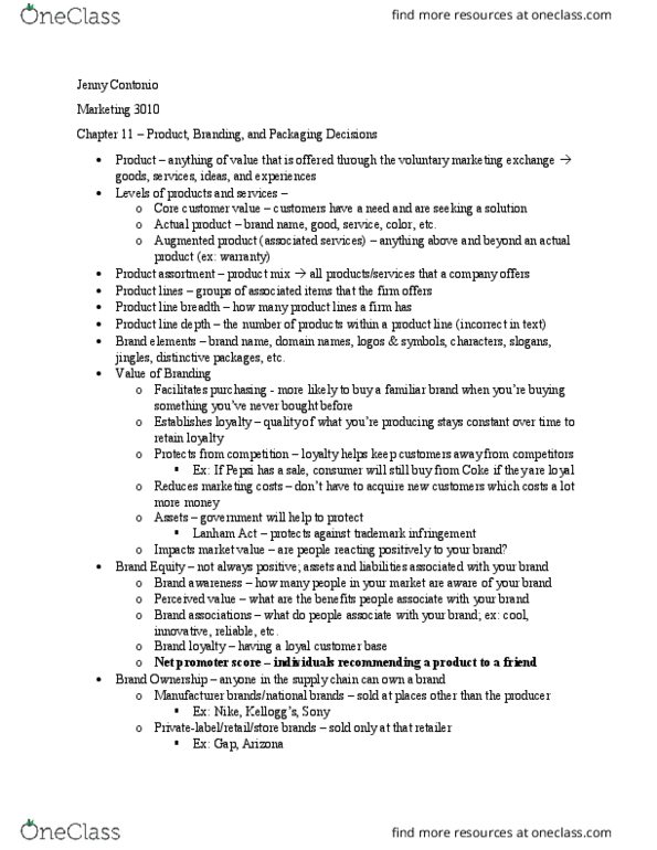 MKT-3010 Lecture Notes - Lecture 8: Brand Licensing, Brand Loyalty, Lanham Act thumbnail
