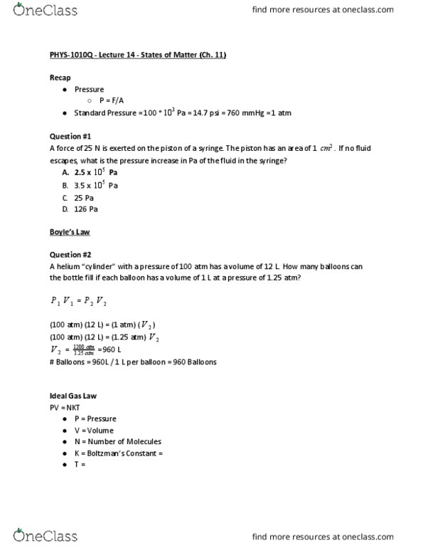 PHYS 1010Q Lecture Notes - Lecture 14: Horse Length, Ideal Gas Law thumbnail