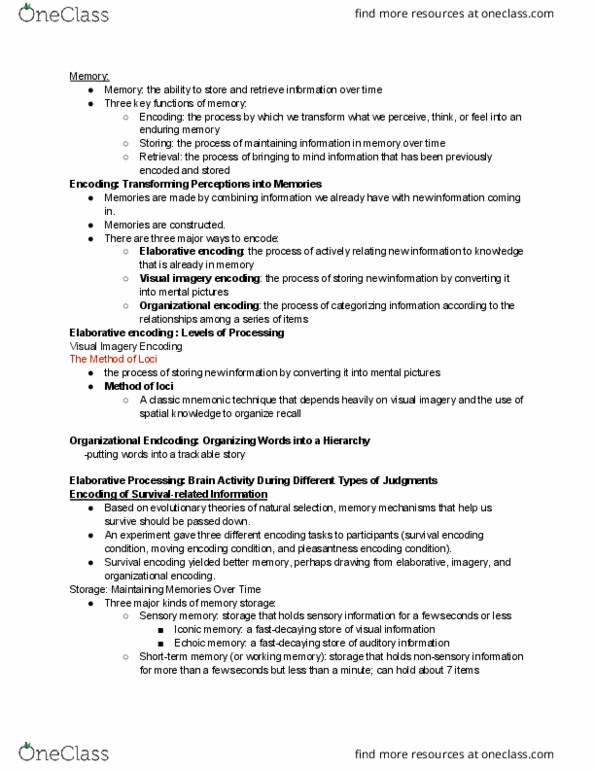 PSY 0010 Lecture Notes - Lecture 5: False Memory Syndrome, Encoding Specificity Principle, Procedural Memory thumbnail