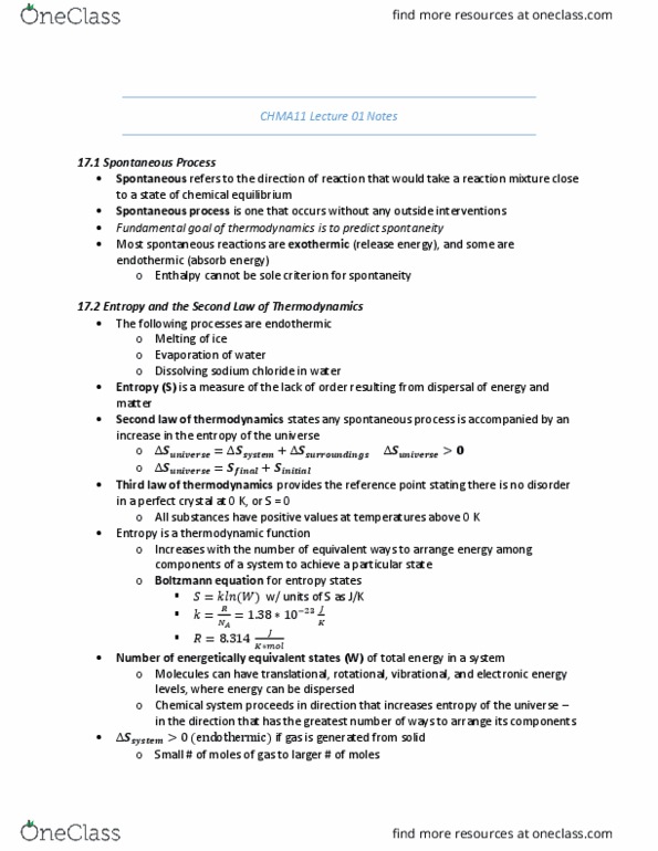 CHMA11H3 Lecture Notes - Lecture 1: Boltzmann Equation, Spontaneous Process, Thermodynamics thumbnail