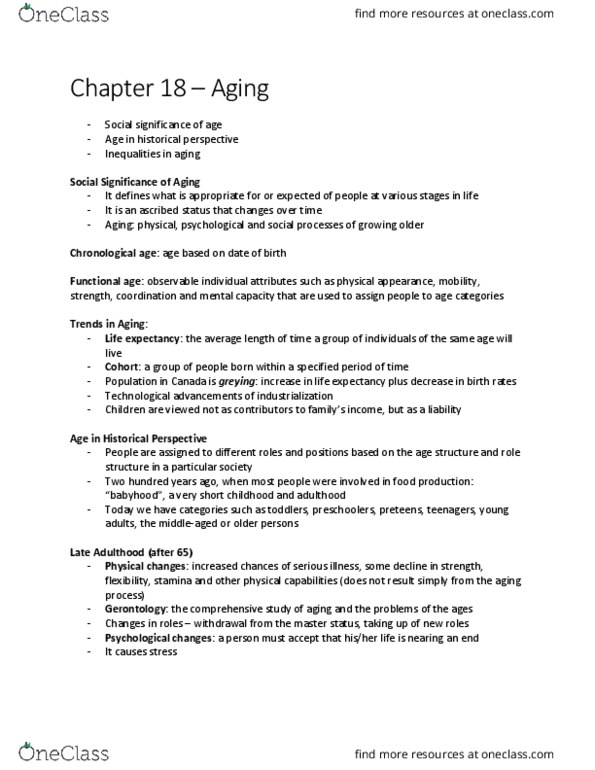 SOC 1101 Lecture Notes - Lecture 18: Infant, Old Age Security, Ageism thumbnail