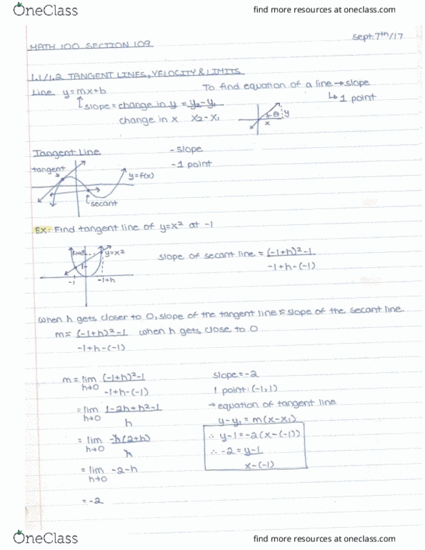 MATH 100 Lecture 1: MATH 100 - Sample Notes Chapter 1.1/1.2 Tangent Lines, Velocity & Limits thumbnail