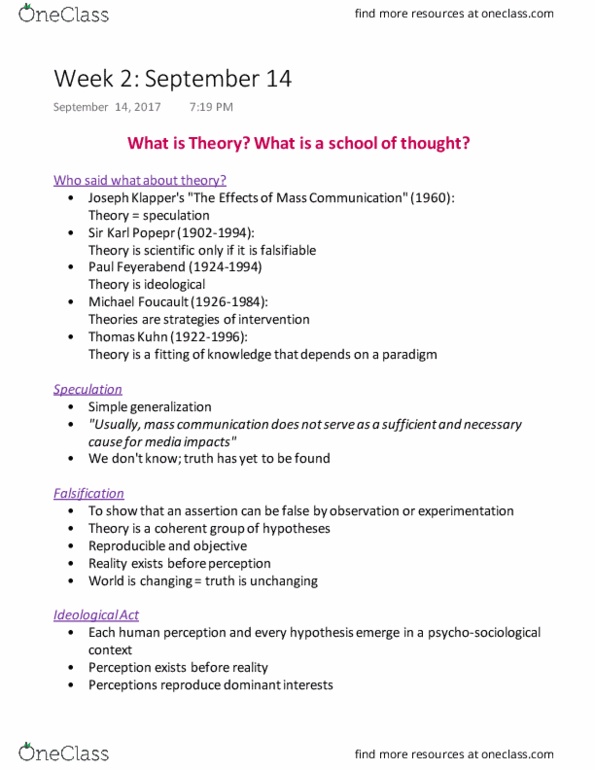 CMN2160 Lecture Notes - Lecture 2: Behaviorism, Content Analysis, Paul Feyerabend thumbnail