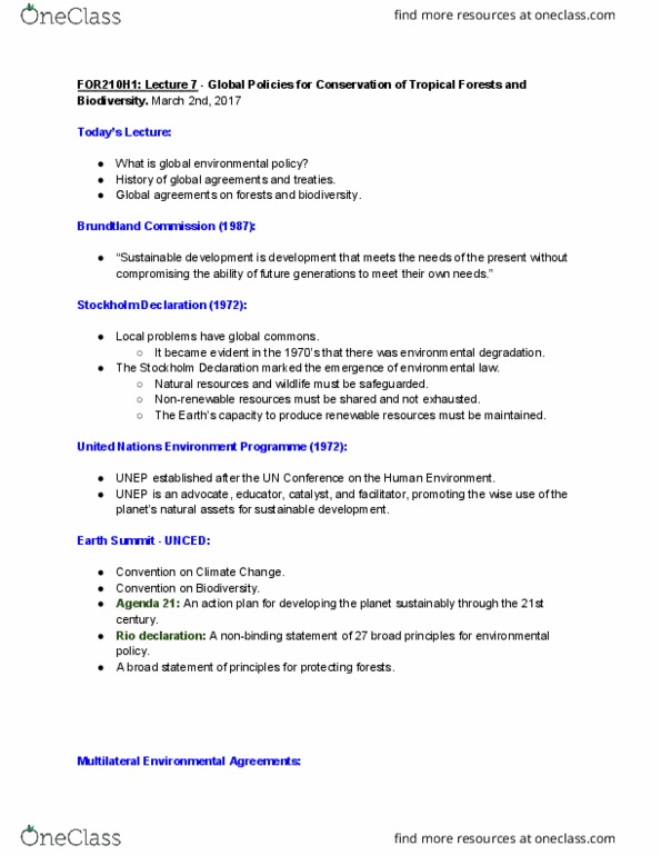 FOR201H1 Lecture Notes - Lecture 7: Iucn Species Survival Commission, International Tropical Timber Organization, Itta Of Metz thumbnail