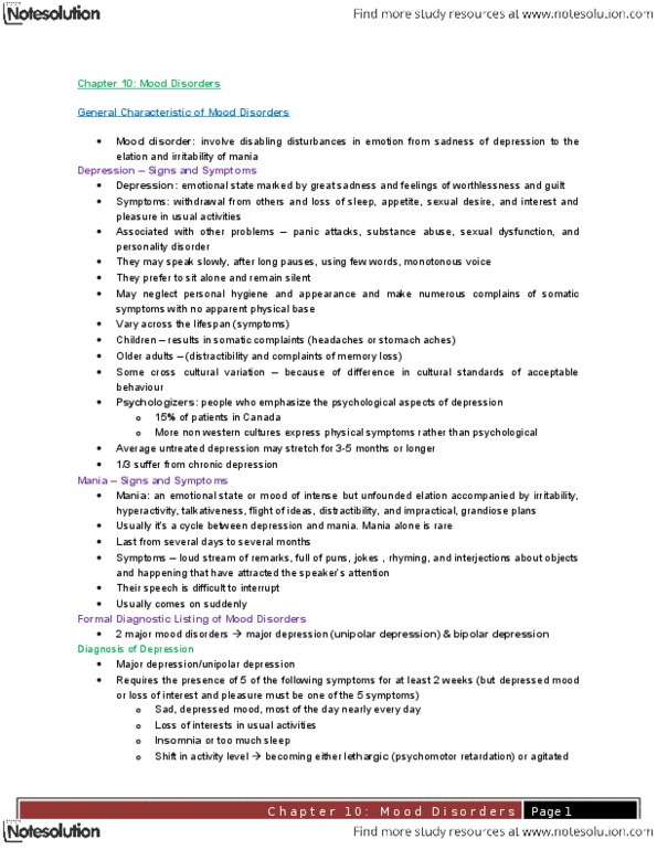 PSYC 3460 Chapter Notes - Chapter 10: Bipolar Ii Disorder, Mood Disorder, Mixed Affective State thumbnail