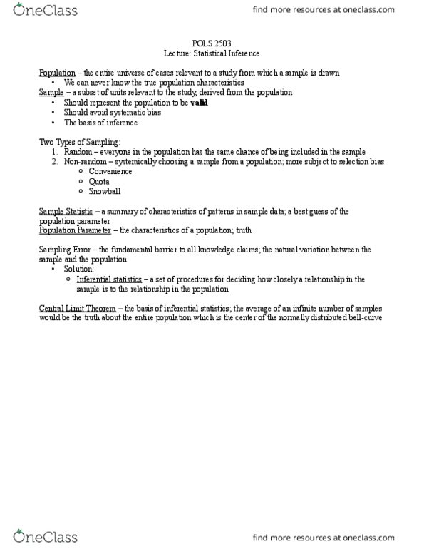 POLS 2503 Lecture Notes - Lecture 4: Central Limit Theorem, Statistical Parameter, Statistical Inference thumbnail