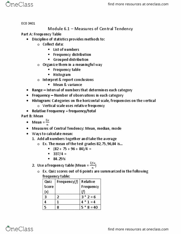 ECO 3401 Chapter Notes - Chapter 6.1: Frequency Distribution, Histogram thumbnail