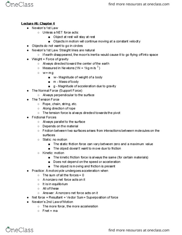 PHYS 121 Lecture Notes - Lecture 6: Net Force, Friction thumbnail