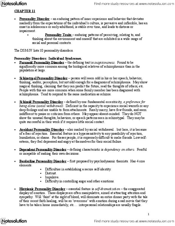 PSYC 3550 Chapter Notes -Avoidant Personality Disorder, Schizotypal Personality Disorder, Histrionic Personality Disorder thumbnail