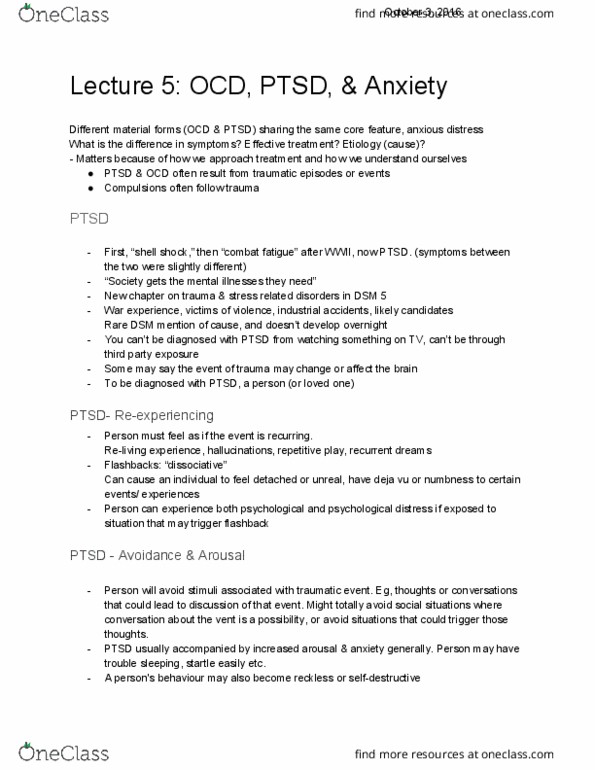 HLTHAGE 1CC3 Lecture Notes - Lecture 5: Obsessive–Compulsive Disorder, Etiology, Combat Stress Reaction thumbnail