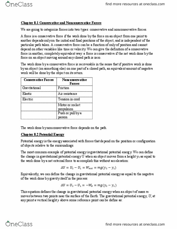 PHY 131 Chapter Notes - Chapter 8: International System Of Units, Situation Two, Conservative Force thumbnail