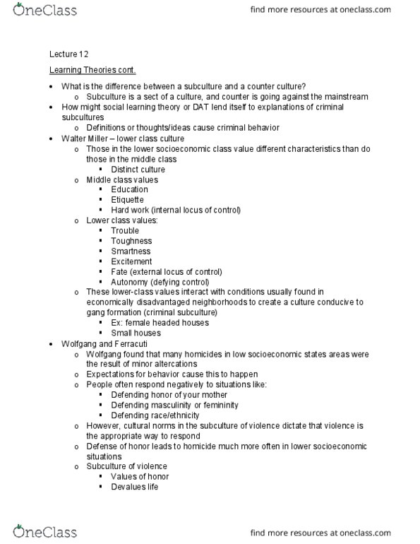 SOC 339 Lecture Notes - Lecture 12: Elijah Anderson, Social Learning Theory, Subculture thumbnail