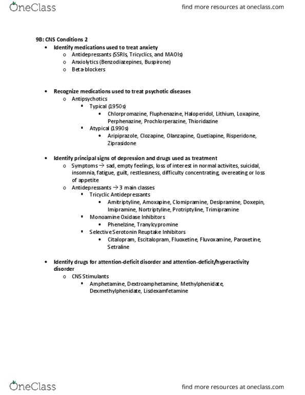 BIOLOGY 445 Lecture Notes - Lecture 9: Fluoxetine, Lisdexamfetamine, Dexmethylphenidate thumbnail