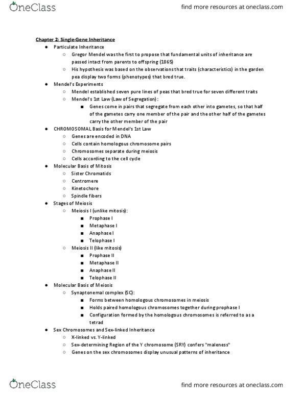 BIOL 315 Lecture Notes - Lecture 1: Homologous Chromosome, Pea, Synaptonemal Complex thumbnail