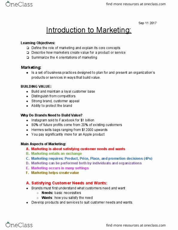 MKT 100 Lecture Notes - Lecture 1: Marketing Mix, Marketing, Anything Else thumbnail