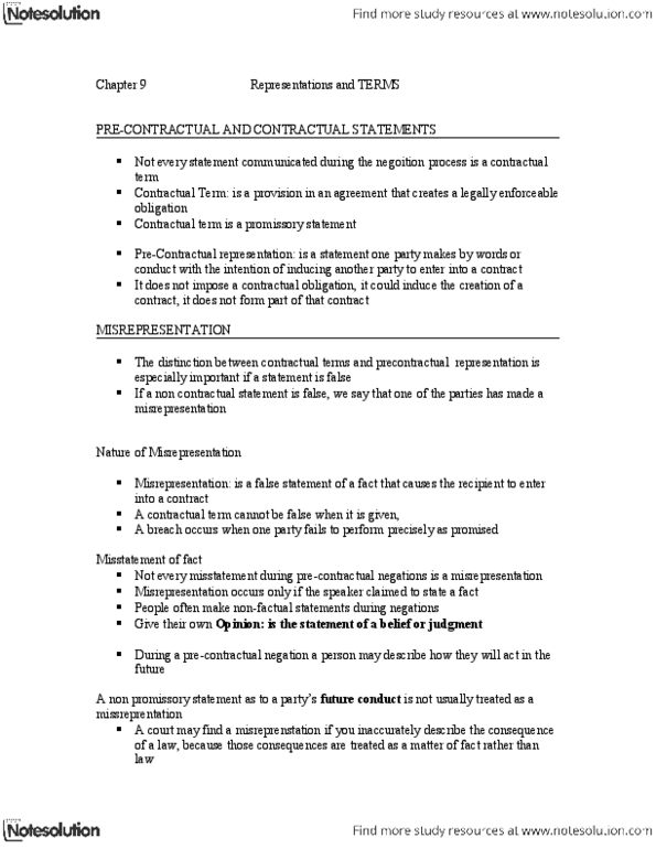 LAW 122 Lecture Notes - Uberrima Fides, Contractual Term, Rescission thumbnail