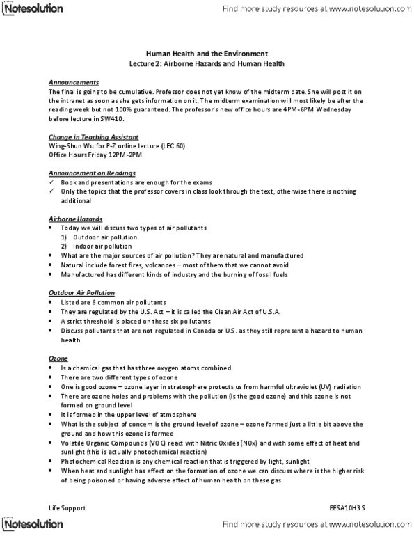 EESA10H3 Lecture Notes - Indoor Air Quality, Hypercapnia, Sulfur Oxide thumbnail