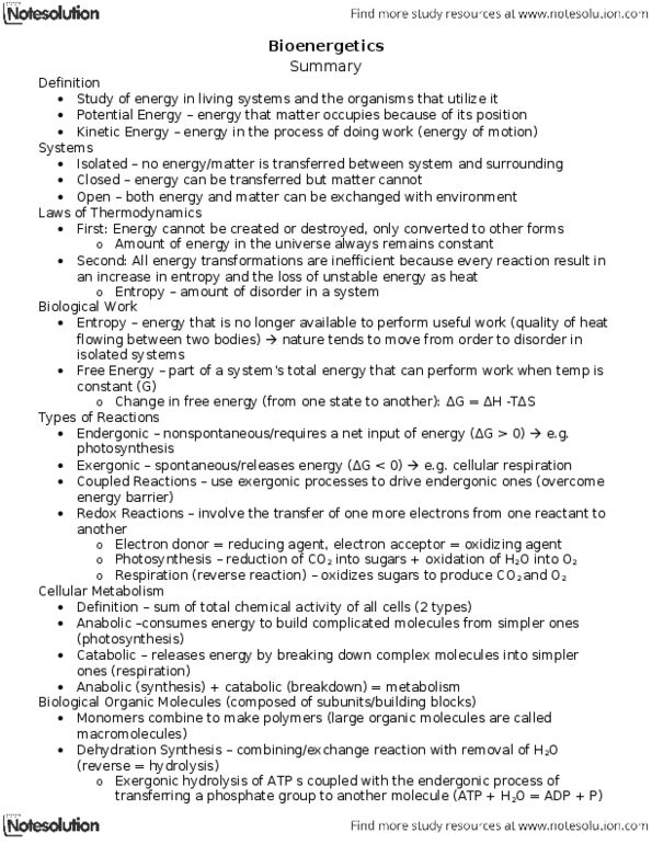 Biology 1202B Lecture Notes - Cellular Respiration, Electron Donor, Endergonic Reaction thumbnail