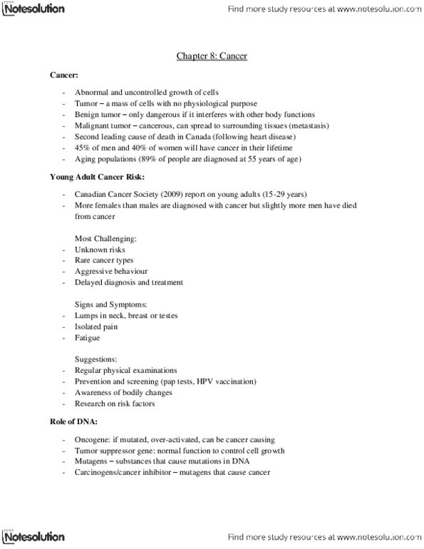 Health Sciences 1001A/B Lecture Notes - Tumor Suppressor Gene, Melanoma, Canadian Cancer Society thumbnail