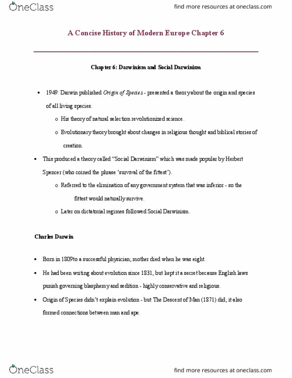 CAS IR 250 Chapter Notes - Chapter 6: European Colonialism, History Of Europe, Social Darwinism thumbnail