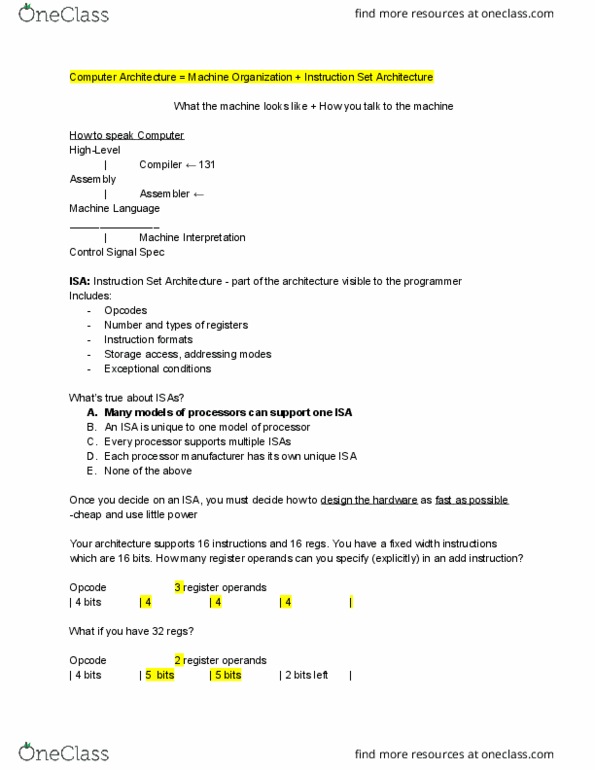 CSE 141 Lecture Notes - Lecture 2: Instruction Set, Computer Architecture, Machine Code thumbnail