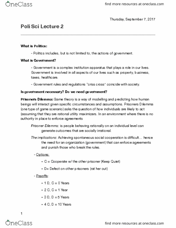 POLSCI 1AA3 Lecture Notes - Lecture 2: Game Theory thumbnail