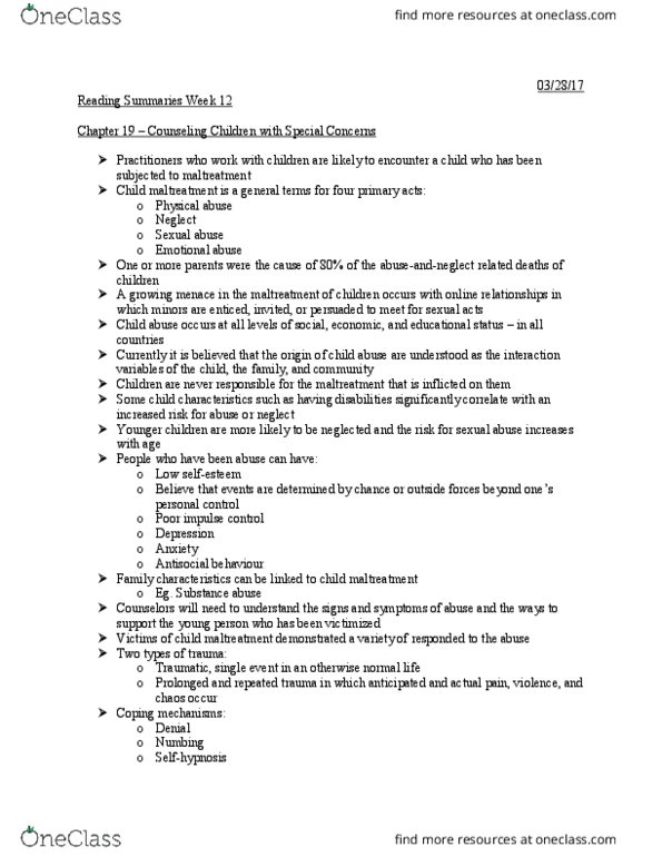 CYC 401 Lecture Notes - Lecture 11: Intellectual Disability, Group Psychotherapy, Therapeutic Relationship thumbnail