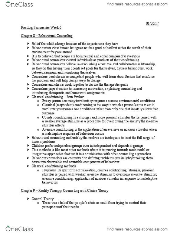 CYC 401 Lecture Notes - Lecture 6: Juvenile Court, Reality Therapy, Classical Conditioning thumbnail