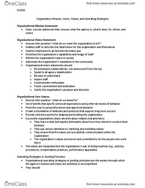 S W 334 Lecture 8: Organization Mission, Vision, Values, and Operating Strategies thumbnail