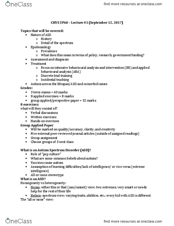 CHYS 3P60 Lecture Notes - Lecture 1: Reinforcement, Asperger Syndrome, Diagnostic And Statistical Manual Of Mental Disorders thumbnail