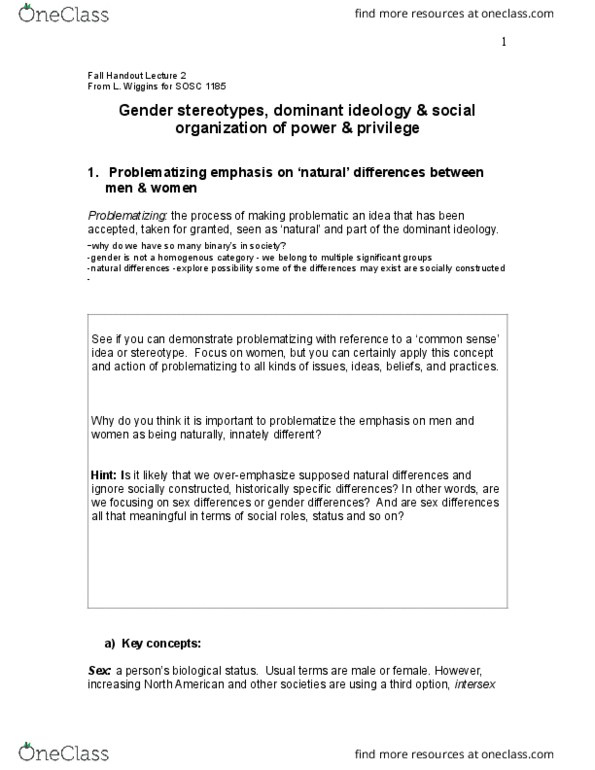SOSC 1185 Lecture Notes - Lecture 2: Stereotype Threat, Claude Steele, Genderqueer thumbnail