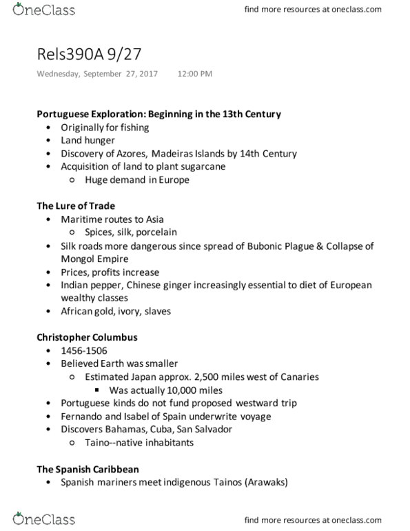 REL S 390A Lecture Notes - Lecture 7: Inca Empire, The Columbian Exchange, Columbian Exchange thumbnail