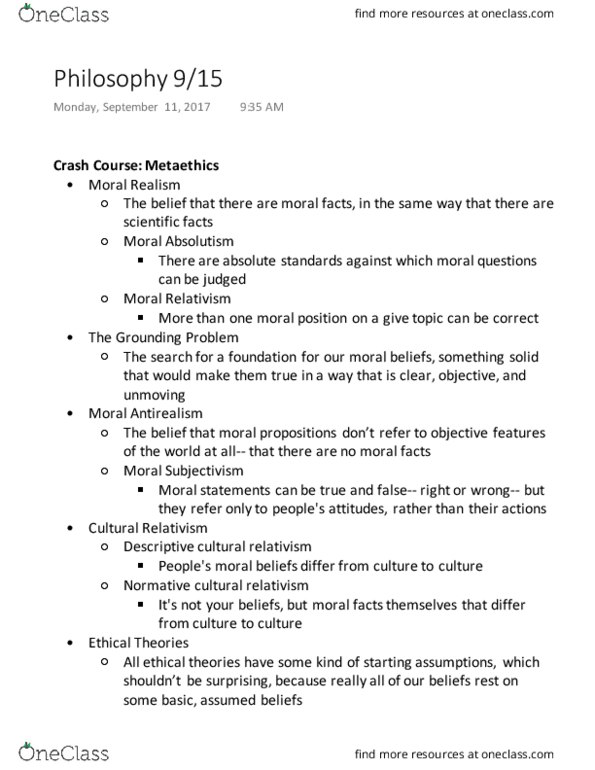 PHIL 101 Lecture Notes - Lecture 8: Cultural Relativism, Anti-Realism, Meta-Ethics thumbnail