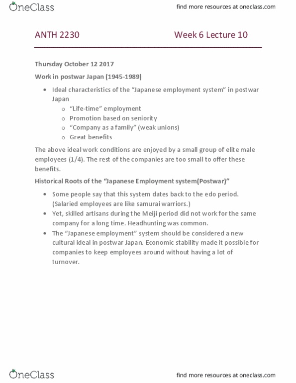 ANTH 2230 Lecture Notes - Lecture 9: Permanent Employment, Post-Occupation Japan, Office Lady thumbnail