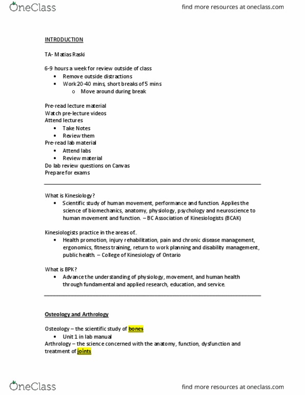 BPK 142 Lecture Notes - Lecture 1: Synovial Fluid, Radial Fossa, Irregular Bone thumbnail