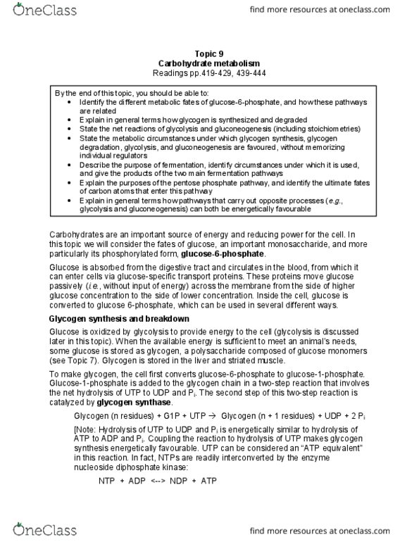 Biochemistry 2280A Lecture Notes - Lecture 9: Glycerol, Phosphoglycerate Kinase, Phosphoglycerate Mutase thumbnail