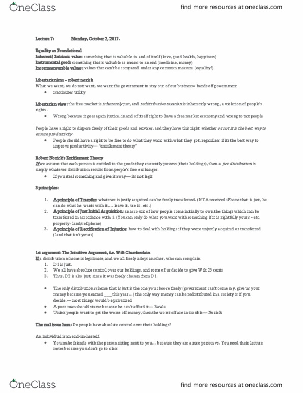 PHIL 1010 Lecture Notes - Lecture 7: Wilt Chamberlain, Robert Nozick thumbnail