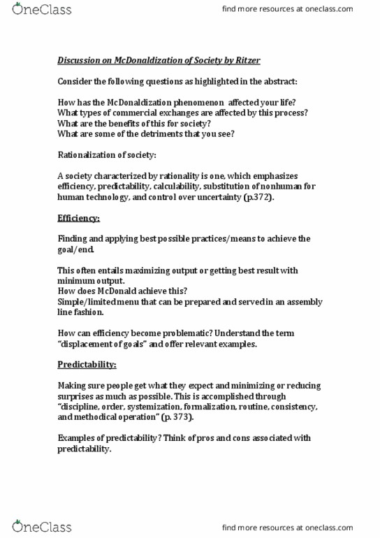 SOCI 3000 Lecture Notes - Lecture 12: Mcdonaldization thumbnail