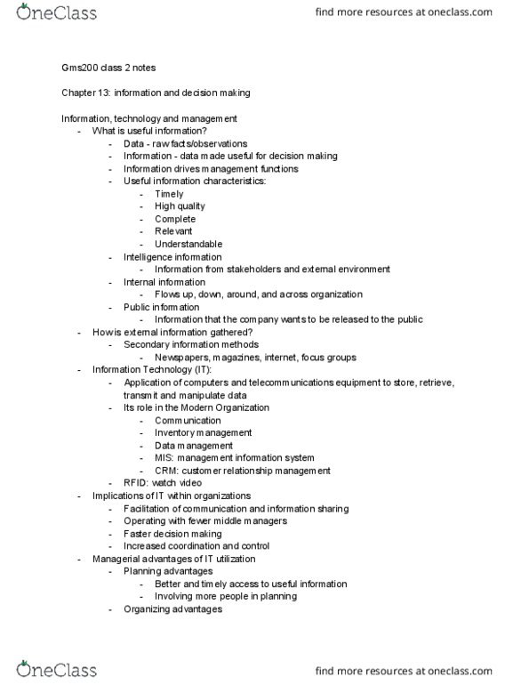 GMS 200 Lecture Notes - Lecture 2: Customer Relationship Management, Data Management thumbnail